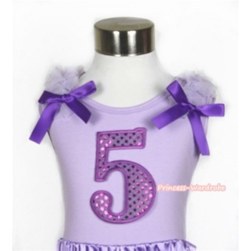 Lavender Tank Top With 5th Sparkle Dark Purple Birthday Number Print with Lavender Ruffles & Dark Purple Bow TN207 