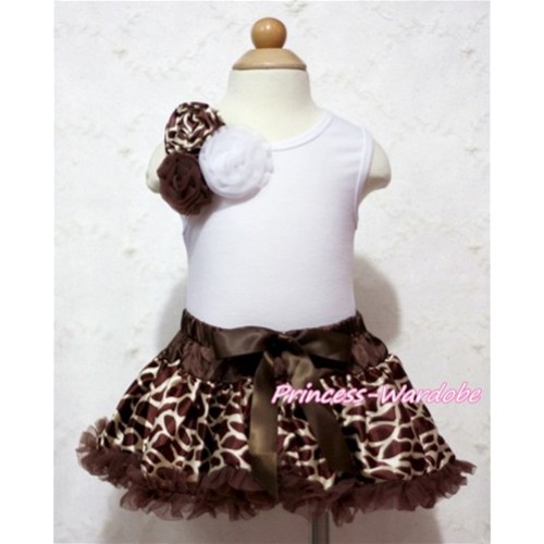 White Baby Tank Top & Bunch of Giraffe Brown White Rosettes and Ribbon with Brown Giraffe Baby Pettiskirt NG505 