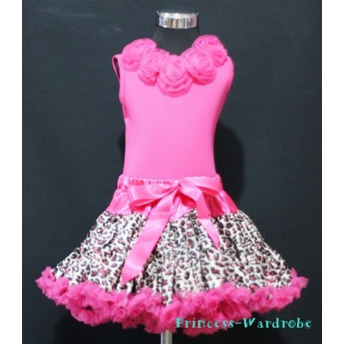 Hot Pink Leopard Print Pettiskirt with Hot Pink Rosettes Hot Pink Tank Top MH27 