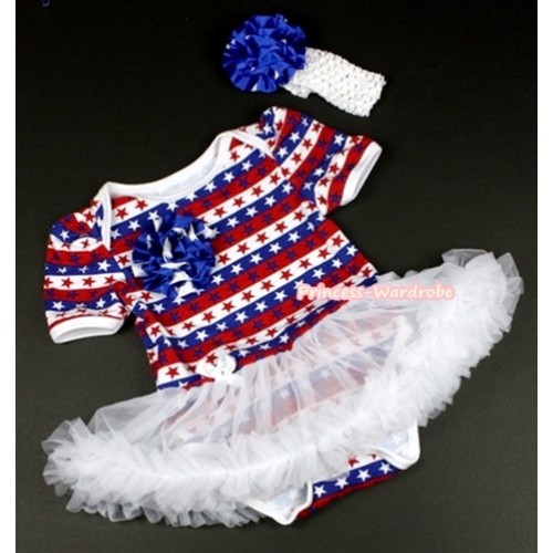 Red White Blue Striped Stars Baby Jumpsuit White Pettiskirt With One American Stars Rose With White Headband American Stars Rose JS1086 