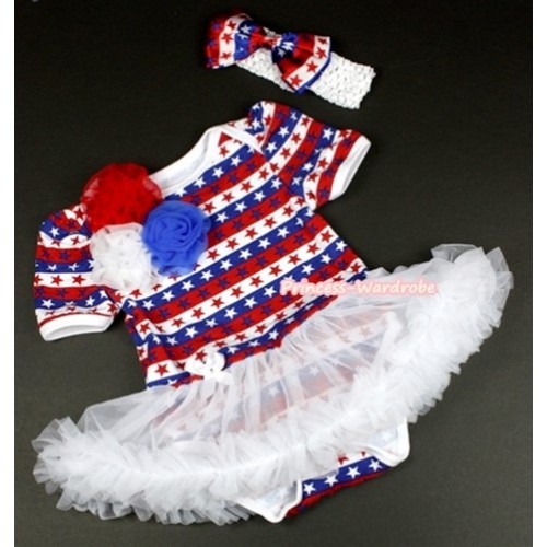 Red White Blue Striped Stars Baby Jumpsuit White Pettiskirt With Bunch Of Red White Royal Blue Rosettes With White Headband Red White Blue Striped Stars Satin Bow JS1088 
