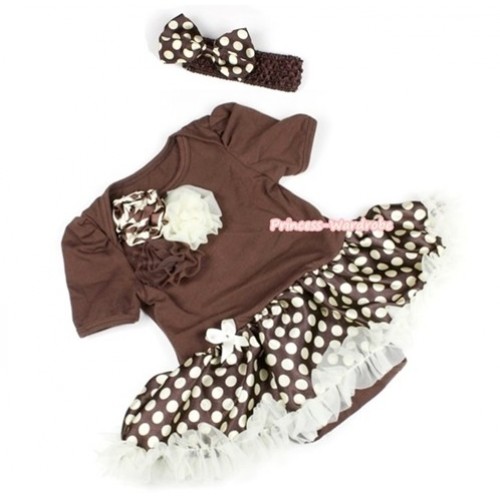 Brown Baby Jumpsuit Brown Golden Polka Dots Pettiskirt With Bunch Of Giraffe Brown Cream White Rosettes With Brown Headband Brown Golden Polka Dots Satin Bow JS1089 