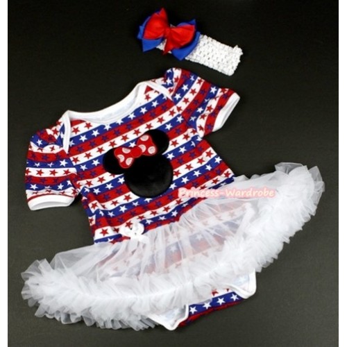 Red White Blue Striped Stars Baby Jumpsuit White Pettiskirt With Minnie Print With White Headband Red Royal Blue Ribbon Bow JS1092 
