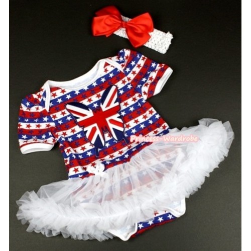 Red White Blue Striped Stars Baby Jumpsuit White Pettiskirt With Patriotic British Butterfly Print With White Headband Red Silk Bow JS1093 