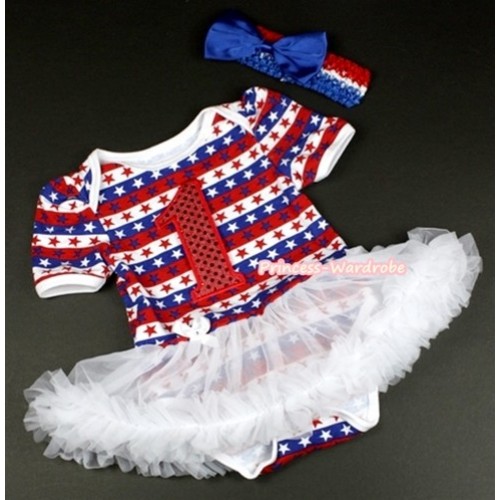 Red White Blue Striped Stars Baby Jumpsuit White Pettiskirt With 1st Sparkle Red Birthday Number Print With Red White Royal Blue Headband Royal Blue Satin Bow JS1094 