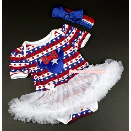 Red White Blue Striped Stars Baby Jumpsuit White Pettiskirt With Patriotic American Minnie Print With Red White Royal Blue Headband Royal Blue Satin Bow JS1095 