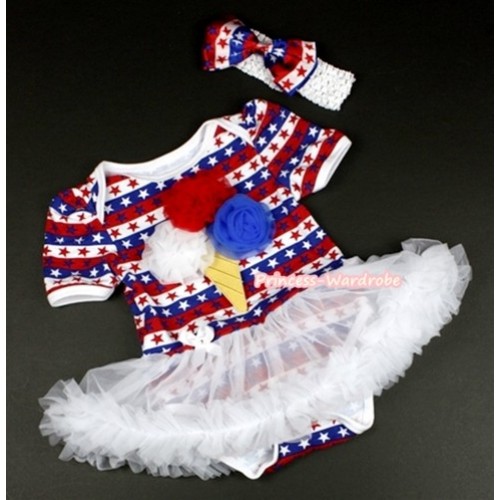 Red White Blue Striped Stars Baby Jumpsuit White Pettiskirt With White Red Royal Blue Rosettes Ice Cream Print With White Headband Red White Blue Striped Stars Satin Bow JS1096 