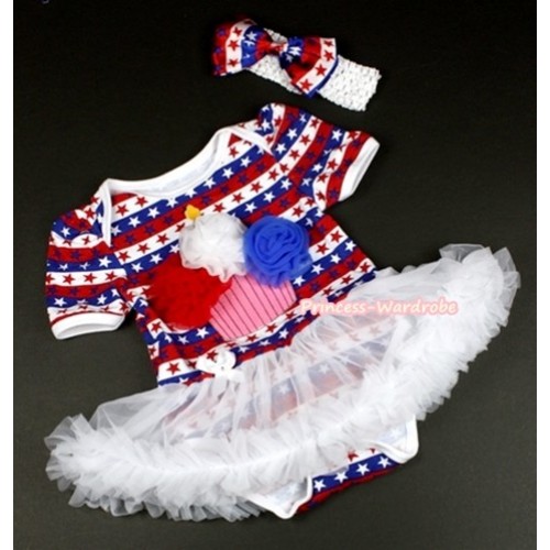 Red White Blue Striped Stars Baby Jumpsuit White Pettiskirt With Red White Royal Blue Rosettes Birthday Cake Print With White Headband Red White Blue Striped Stars Satin Bow JS1097 