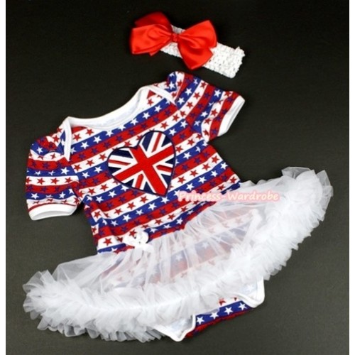 Red White Blue Striped Stars Baby Jumpsuit White Pettiskirt With Patriotic British Heart Print With White Headband Red Silk Bow JS1098 