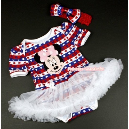 Red White Blue Striped Stars Baby Jumpsuit White Pettiskirt With Light Pink Minnie Print With Red Headband Red White Blue Striped Stars Satin Bow JS1099 
