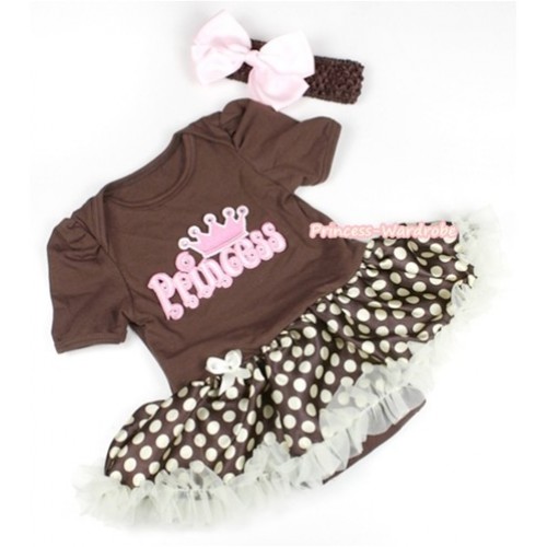 Brown Baby Jumpsuit Brown Golden Polka Dots Pettiskirt With Princess Print With Brown Headband Light Pink Silk Bow JS1109 