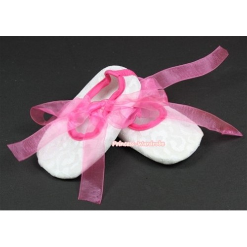 White Lace Crib Shoes With Hot Pink Ribbon S542 