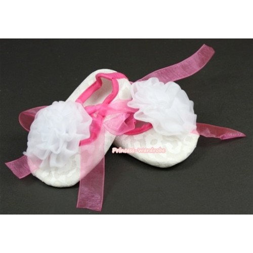 White Lace Crib Shoes With Hot Pink Ribbon With White Rose S545 
