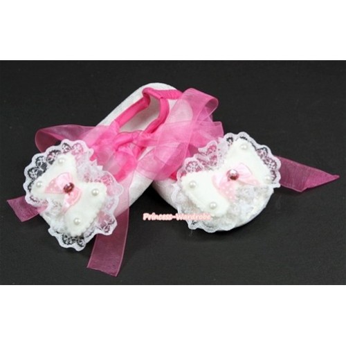 White Lace Crib Shoes With Hot Pink Ribbon With Lace Bow S548 