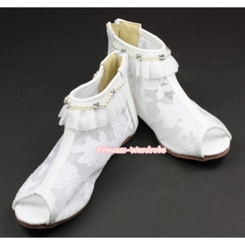 White Floral Lace Ruffles Pearl Peep Toe Shoes E66-571 