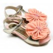 Light Pink Rosettes Golden T-Strap Flat Slingback Sandals SE012 