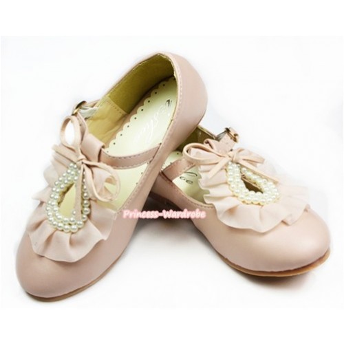 Light Pink Pearl Ruffles Bow Flower Round Toe Flat Shoes E66-146Pink 