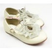 Ivory Cream White Pearl Ruffles Bow Flower Round Toe Flat Shoes E66-146Beige 