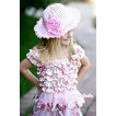 Light Pink Rose Fusion Satin Ruffles Layer One Piece Dress With Cap Sleeve With Light Pink Bow With Light Pink Sparkle Sequin Summer Beach Straw Hat With Light Pink Peony RD026-1 