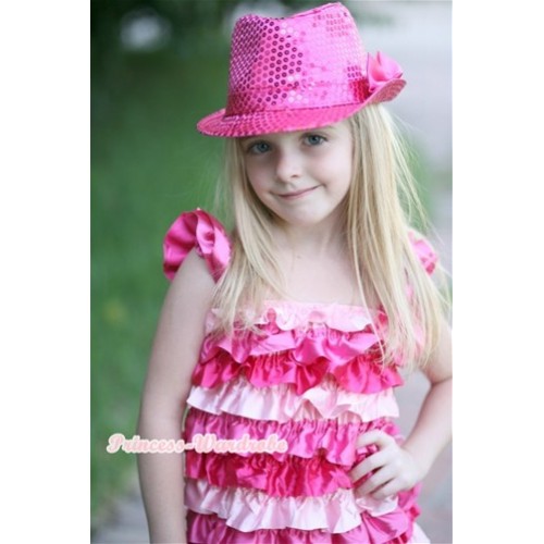 Hot Light Pink Satin Ruffles Layer One Piece Dress With Cap Sleeve With Hot Pink Bow With Sparkle Sequin Hot Pink Jazz Hat With Hot Pink Satin Bow RD013-1 