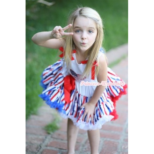 White Tank Top with Patriotic American Heart Print with American Stars Ruffles & Red Bow & Red White Blue Striped Pettiskirt MG633 