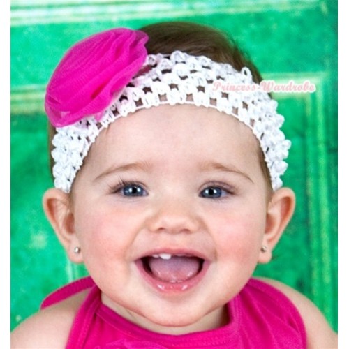 White Headband With Hot Pink Rose H708 