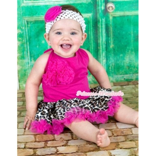 Hot Pink Baby Halter Jumpsuit Hot Pink Leopard Pettiskirt With Bunch Of Hot Pink Rosettes With White Headband Hot Pink Rose JS1111 