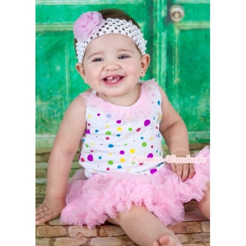 White Rainbow Dots Baby Halter Jumpsuit Light Pink Pettiskirt With Light Pink Chiffon Lacing With White Headband Light Pink Rose JS1112 