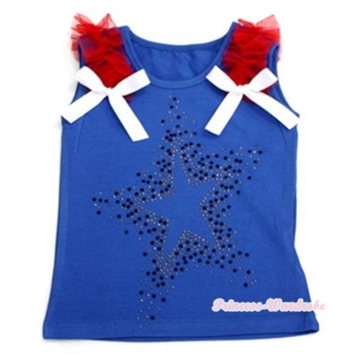 Royal Blue Tank Top With Red Ruffles & White Bows With Sparkle Crystal Glitter Star Print T439 