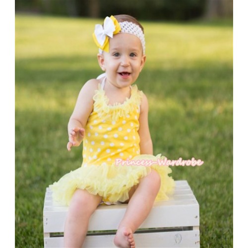 Yellow White Dots Baby Halter Jumpsuit Yellow Pettiskirt With Yellow Chiffon Lacing With Yellow Headband White Yellow Ribbon Bow JS1002 
