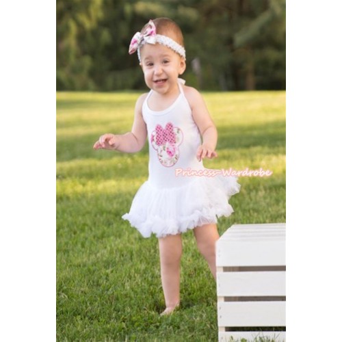 White Baby Halter Jumpsuit White Pettiskirt With Sparkle Light Pink Rose Minnie Print With White Headband Light Pink Rose Fusion Satin Bow JS1116 