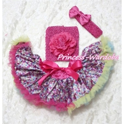 Hot Pink Floral Pettiskirt, Hot Pink Peony Hot Pink Crochet Tube Top, Hot Pink Bow Headband 3PC Set CT115 