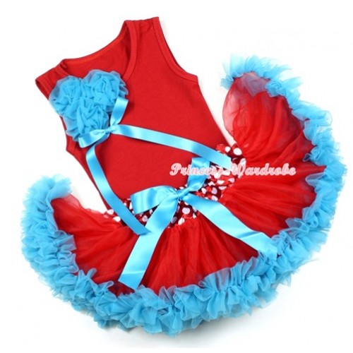 Red Baby Pettitop & Bunch of Peacock Blue Rosettes & Peacock Blue Bow with Minnie Dots Waist Peacock Blue Baby Pettiskirt NG1177 