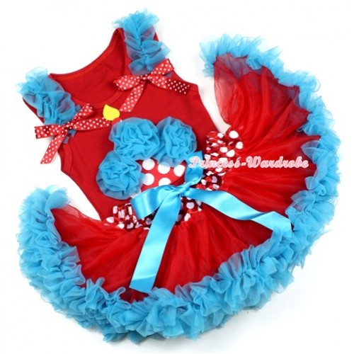 Red Baby Pettitop With Peacock Blue Rosettes Minnie Dots Birthday Cake  Print with Peacock Blue Ruffles & Red White Dots Bow with Minnie Dots Waist Peacock Blue Baby Pettiskirt NG1187 