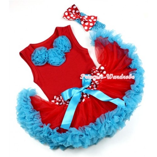 Red Baby Pettitop with Peacock Blue Rosettes with Minnie Dots Waist Peacock Blue Newborn Pettiskirt & Peacock Blue Headband Minnie Dots Satin Bow 3PC Set NG1188 