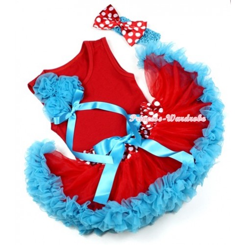 Red Baby Pettitop with Bunch of Peacock Blue Rosettes & Peacock Blue Bow with Minnie Dots Waist Newborn Pettiskirt & Peacock Blue Headband Minnie Dots Satin Bow 3PC Set NG1189 