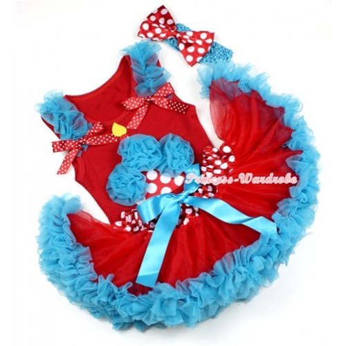 Red Baby Pettitop with Peacock Blue Rosettes Minnie Dots Birthday Cake Print with Peacock Blue Ruffles & Red White Dots Bows & Minnie Dots Waist Peacock Blue Newborn Pettiskirt With Peacock Blue Headband Minnie Dots Satin Bow NG1191 