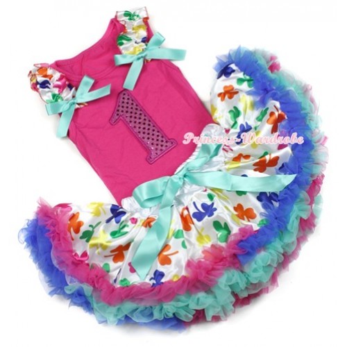 Hot Pink Baby Pettitop With 1st Sparkle Hot Pink Birthday Number Print with Saint Patrick's Day Ruffles & Aqua Blue Bow with Saint Patrick's Day Baby Pettiskirt NG1201 