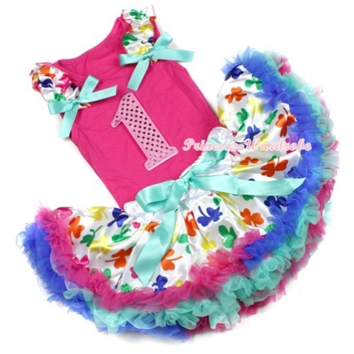 Hot Pink Baby Pettitop With 1st Sparkle Light Pink Birthday Number Print with Saint Patrick's Day Ruffles & Aqua Blue Bow with Saint Patrick's Day Baby Pettiskirt NG1205 