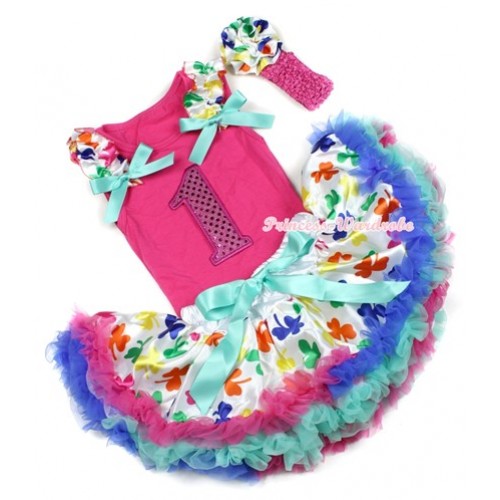 Hot Pink Baby Pettitop with 1st Sparkle Hot Pink Birthday Number Print with Saint Patrick's Day Ruffles & Aqua Blue Bows & Saint Patrick's Day Newborn Pettiskirt With Hot Pink Headband Saint Patrick's Day Rose NG1209 