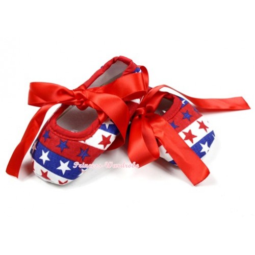 Red White Blue Striped Stars Crib Shoes With Red Ribbon S551 