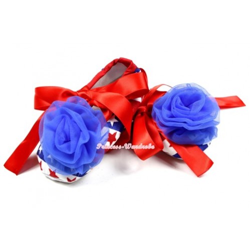 Red White Blue Striped Stars Crib Shoes With Red Ribbon With Royal Blue Rose S552 