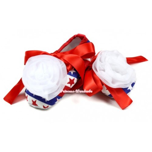 Red White Blue Striped Stars Crib Shoes With Red Ribbon With White Rose S554 