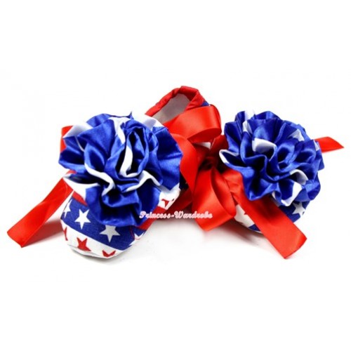 Red White Blue Striped Stars Crib Shoes With Red Ribbon With Patriotic American Stars Rose S556 