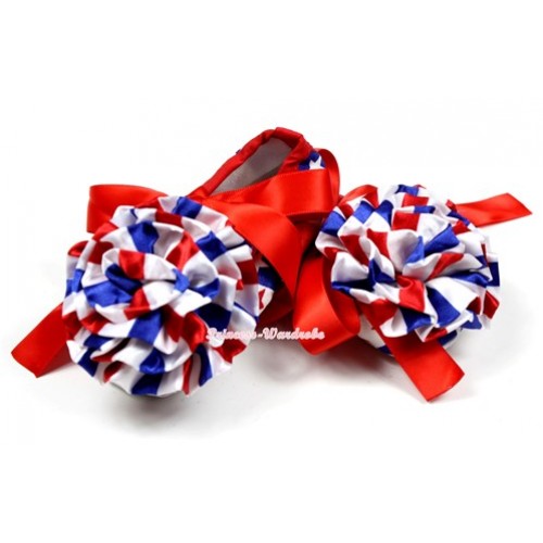 Red White Blue Striped Stars Crib Shoes With Red Ribbon With Red White Blue Striped Rose S557 