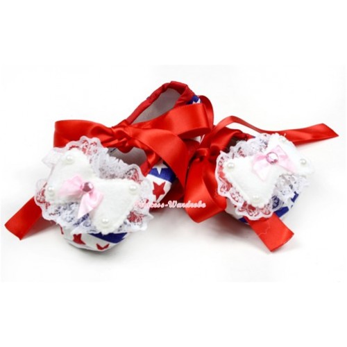Red White Blue Striped Stars Crib Shoes With Red Ribbon With Lace Bow S558 