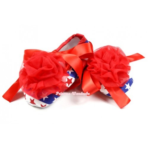 Red White Blue Striped Stars Crib Shoes With White Ribbon With Red Rose S563 