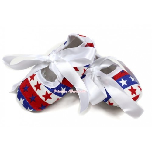 Red White Blue Striped Stars Crib Shoes With White Ribbon S559 