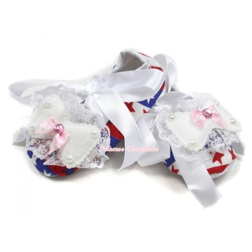 Red White Blue Striped Stars Crib Shoes With White Ribbon With Lace Bow S560 
