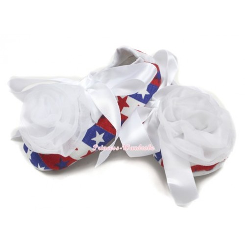 Red White Blue Striped Stars Crib Shoes With White Ribbon With White Rose S561 